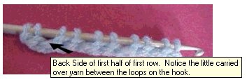 Back Side of first half of first row. Notice the little carried over yarn between the loops on the hook.